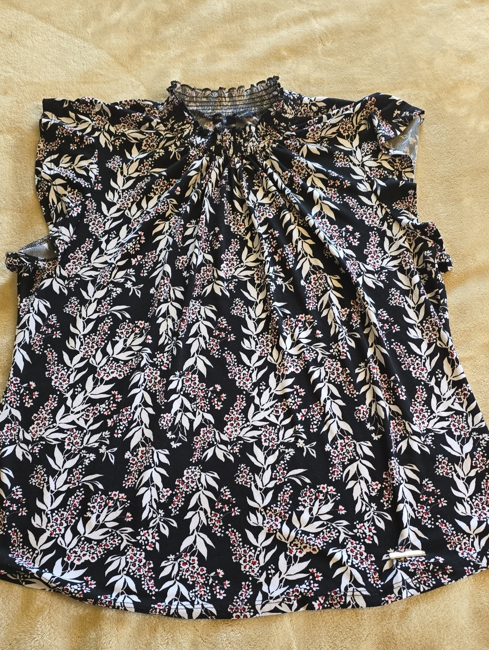 Adrienne Vittadini Black Floral Smocked Ruffle Neck Top